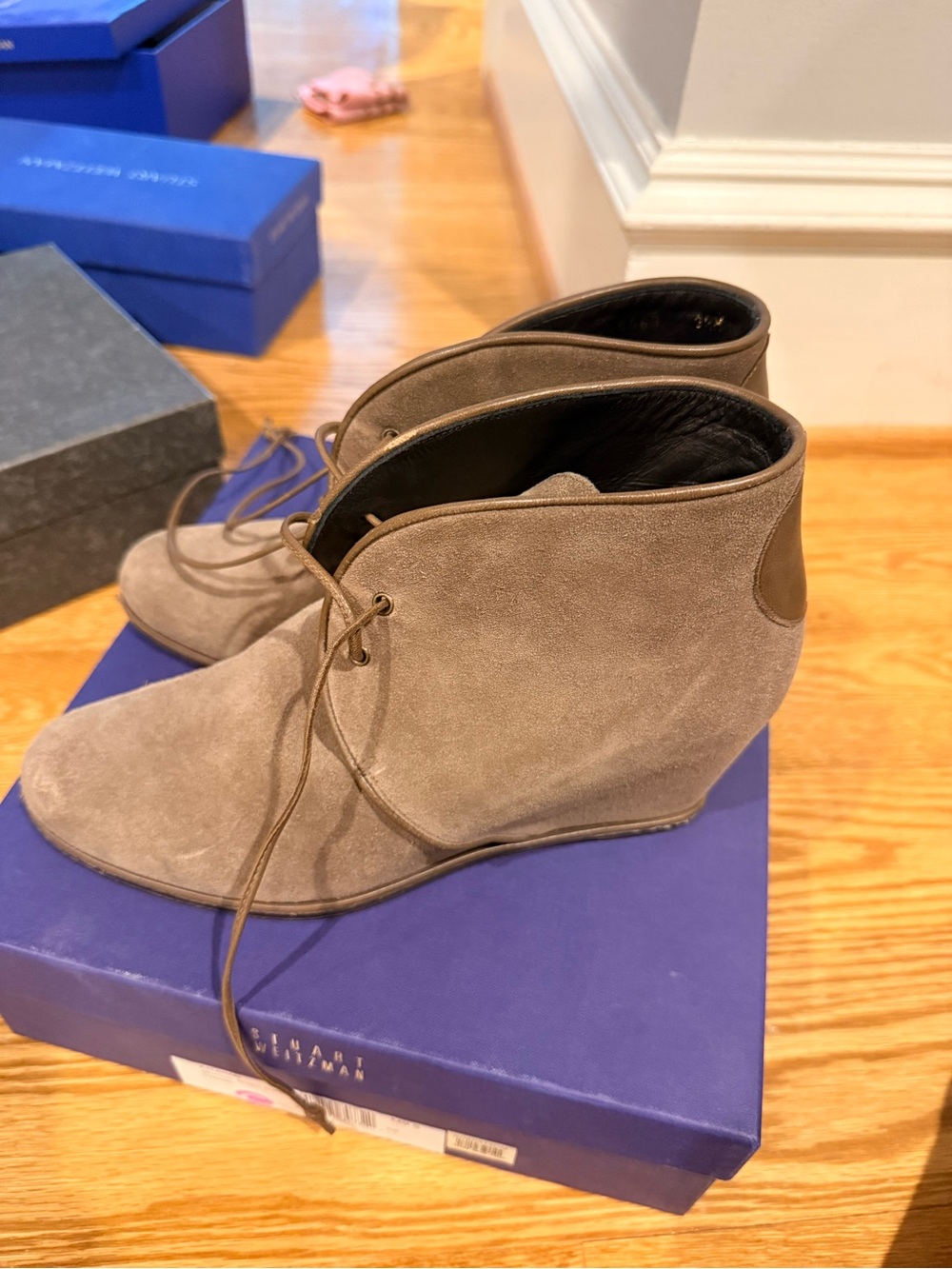 Stuart Weitzman Taupe Suede Lace-Up Wedge Booties